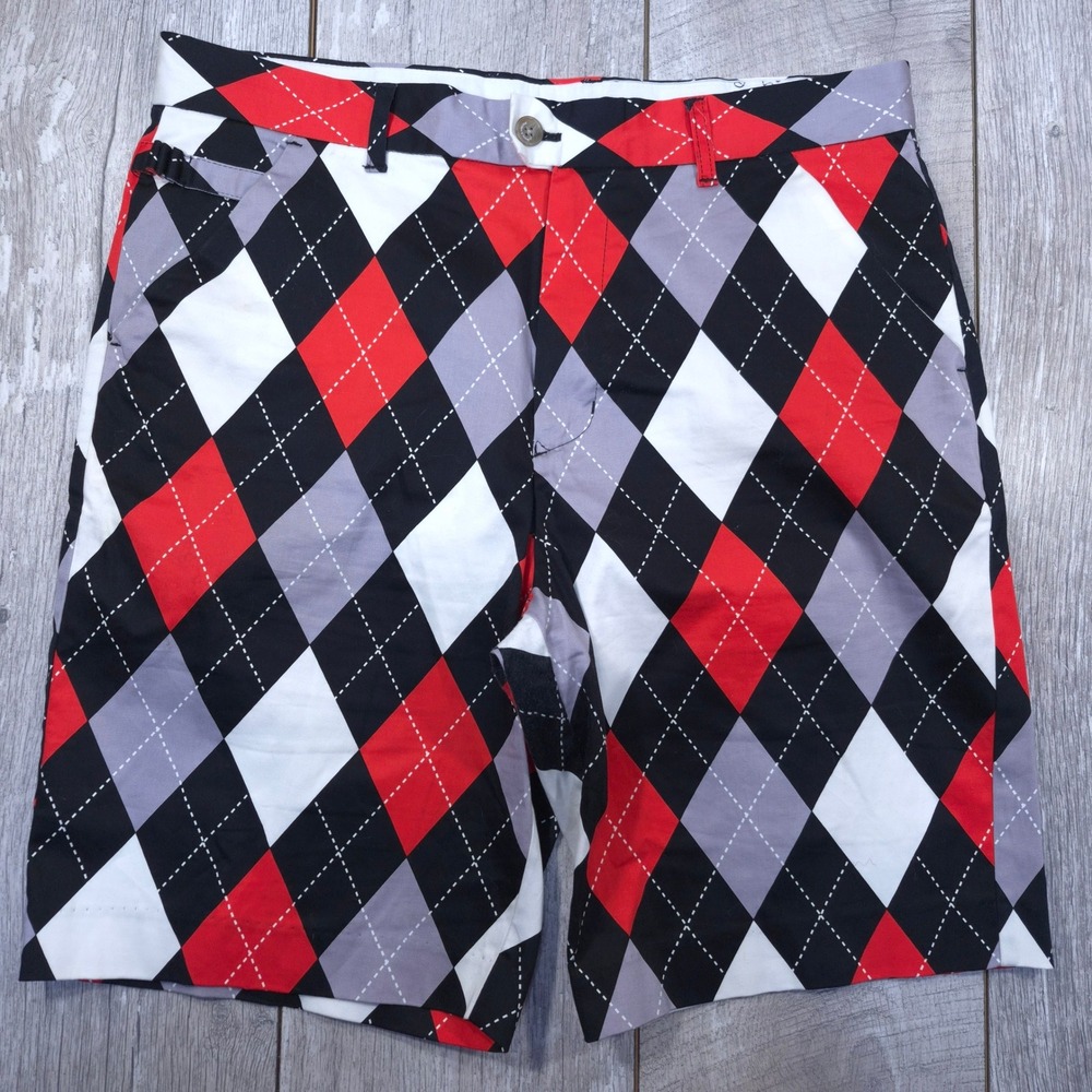 Royal & Awesome Golf Shorts Mens 36 Red Black Argyle Plaid Tee Holder